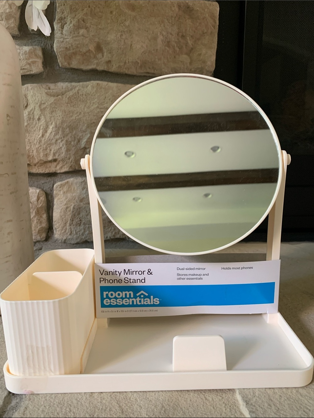 Room Essentials Cream Plastic Tabletop Vanity Mirror w/ Organizer & Phone Stand